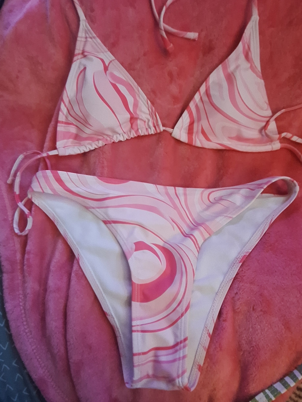 Pink and White Swirl Triangle Bikini With Matching Skirt